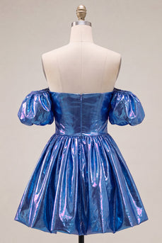 Off-the-shoulder Blaues A-Linie Metallic Kurzes Abendkleid mit Puffärmeln