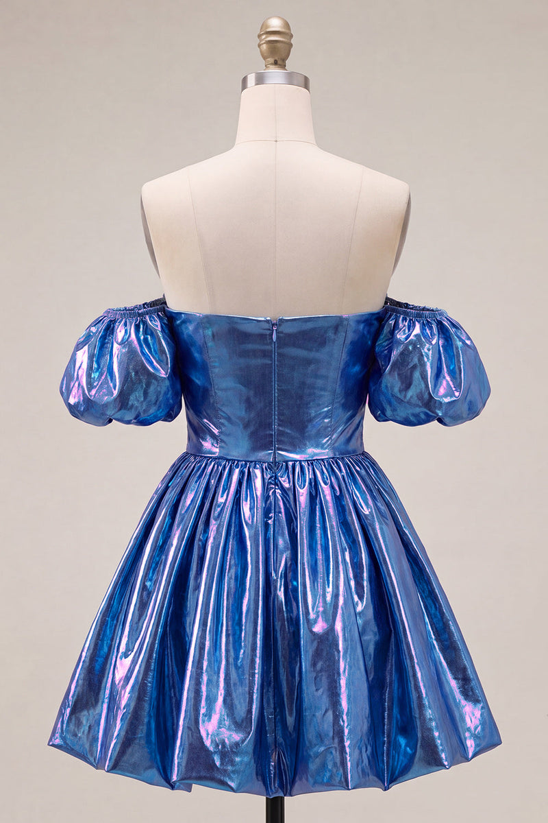 Laden Sie das Bild in den Galerie-Viewer, Off-the-shoulder blaues A-Line-Metallic-Homecoming-Kleid mit Puffärmeln