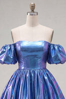 Laden Sie das Bild in den Galerie-Viewer, Off-the-shoulder blaues A-Line-Metallic-Homecoming-Kleid mit Puffärmeln