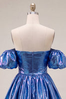 Laden Sie das Bild in den Galerie-Viewer, Off-the-shoulder blaues A-Line-Metallic-Homecoming-Kleid mit Puffärmeln