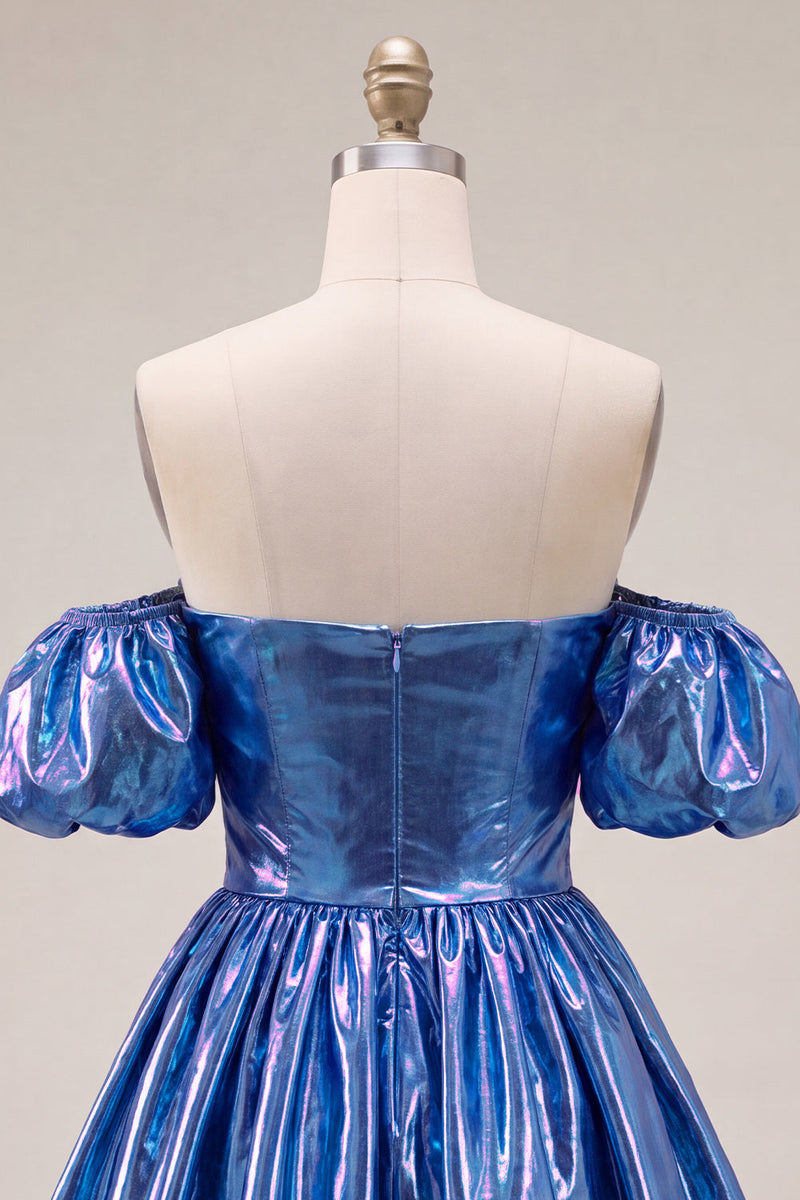 Laden Sie das Bild in den Galerie-Viewer, Off-the-shoulder blaues A-Line-Metallic-Homecoming-Kleid mit Puffärmeln