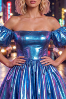 Laden Sie das Bild in den Galerie-Viewer, Off-the-shoulder blaues A-Line-Metallic-Homecoming-Kleid mit Puffärmeln