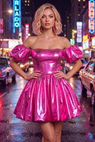 Laden Sie das Bild in den Galerie-Viewer, Off-the-shoulder blaues A-Line-Metallic-Homecoming-Kleid mit Puffärmeln
