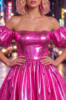 Laden Sie das Bild in den Galerie-Viewer, Off-the-shoulder blaues A-Line-Metallic-Homecoming-Kleid mit Puffärmeln