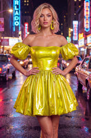 Laden Sie das Bild in den Galerie-Viewer, Off-the-shoulder blaues A-Line-Metallic-Homecoming-Kleid mit Puffärmeln