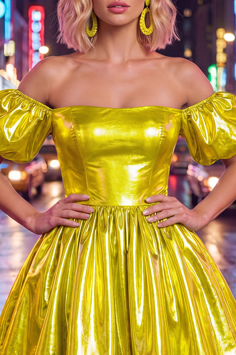 Laden Sie das Bild in den Galerie-Viewer, Off-the-shoulder blaues A-Line-Metallic-Homecoming-Kleid mit Puffärmeln