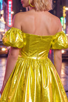 Laden Sie das Bild in den Galerie-Viewer, Off-the-shoulder blaues A-Line-Metallic-Homecoming-Kleid mit Puffärmeln