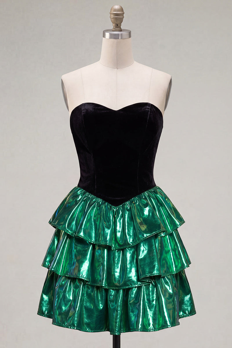 Laden Sie das Bild in den Galerie-Viewer, Sweetheart A-Line schwarzes grünes gestuftes Homecoming-Kleid mit Schnürsenkel hinten