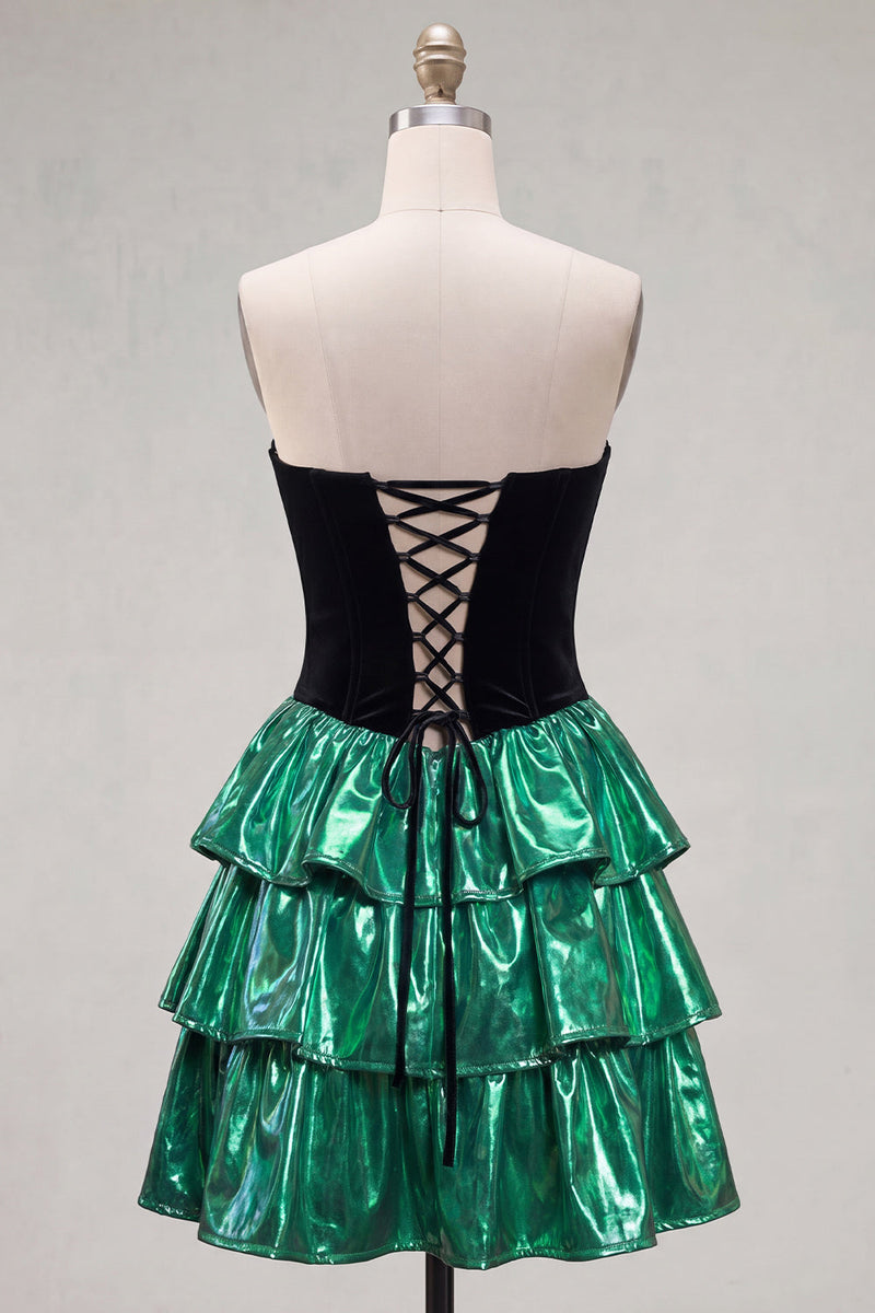 Laden Sie das Bild in den Galerie-Viewer, Sweetheart A-Line schwarzes grünes gestuftes Homecoming-Kleid mit Schnürsenkel hinten