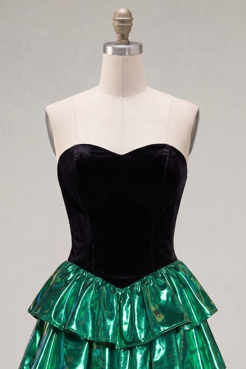Laden Sie das Bild in den Galerie-Viewer, Sweetheart A-Line schwarzes grünes gestuftes Homecoming-Kleid mit Schnürsenkel hinten