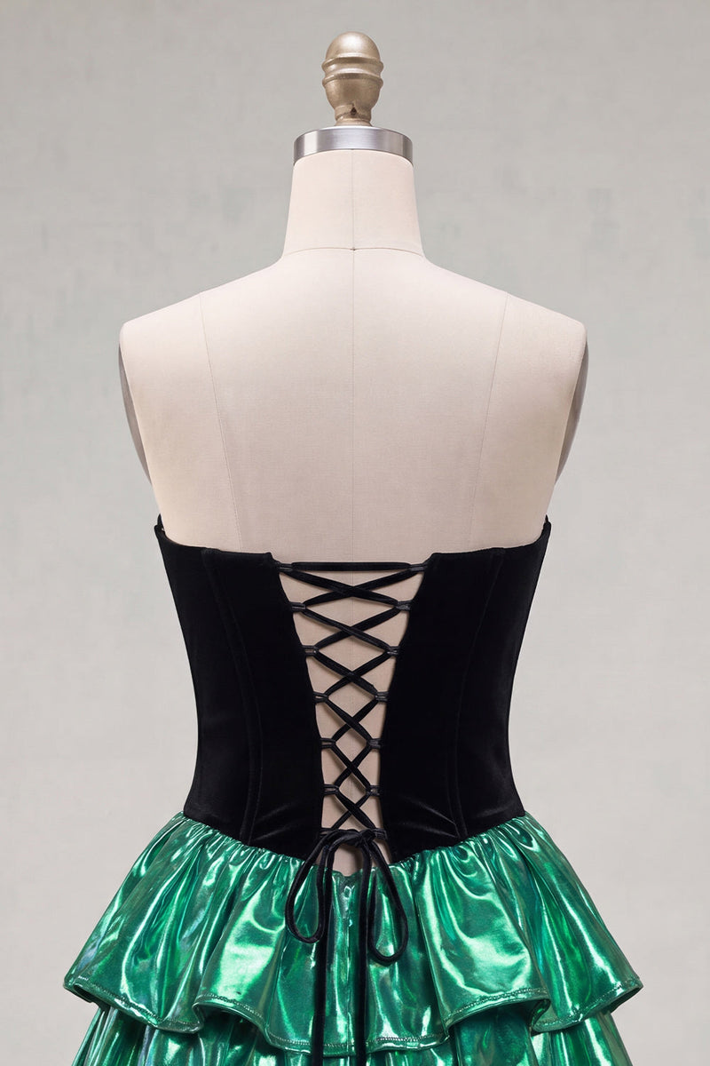 Laden Sie das Bild in den Galerie-Viewer, Sweetheart A-Line schwarzes grünes gestuftes Homecoming-Kleid mit Schnürsenkel hinten