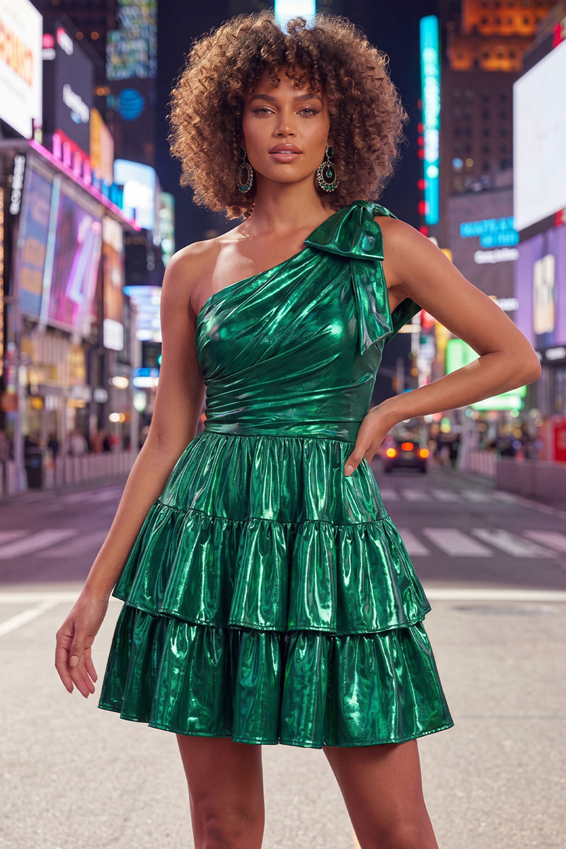 Laden Sie das Bild in den Galerie-Viewer, Ein Schulter-Fuchsia-A-Linien-Metallic-Runden-Homecoming-Kleid mit Schleife