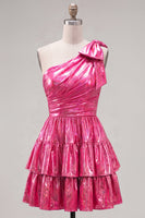 Laden Sie das Bild in den Galerie-Viewer, Ein Schulter-Fuchsia-A-Linien-Metallic-Runden-Homecoming-Kleid mit Schleife