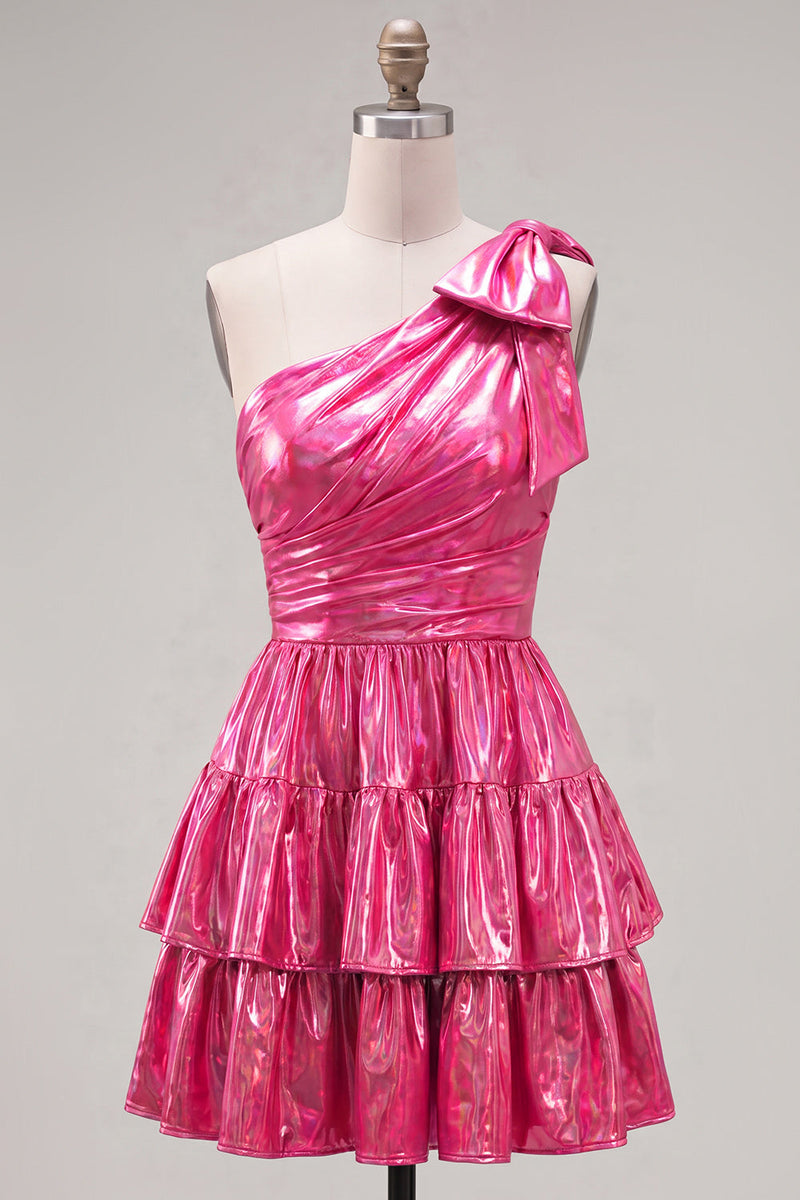 Laden Sie das Bild in den Galerie-Viewer, Ein Schulter-Fuchsia-A-Linien-Metallic-Runden-Homecoming-Kleid mit Schleife