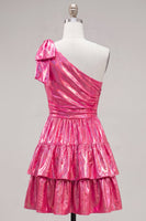 Laden Sie das Bild in den Galerie-Viewer, Ein Schulter-Fuchsia-A-Linien-Metallic-Runden-Homecoming-Kleid mit Schleife