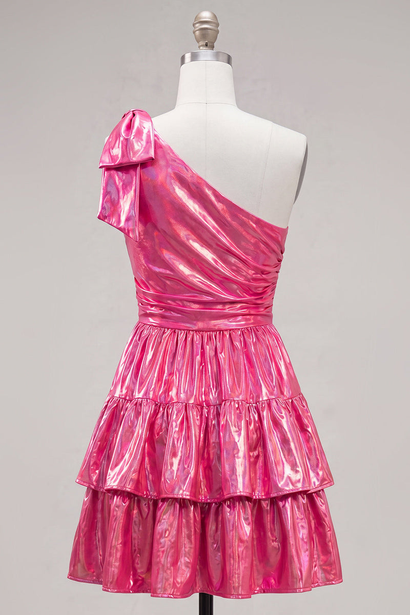 Laden Sie das Bild in den Galerie-Viewer, Ein Schulter-Fuchsia-A-Linien-Metallic-Runden-Homecoming-Kleid mit Schleife