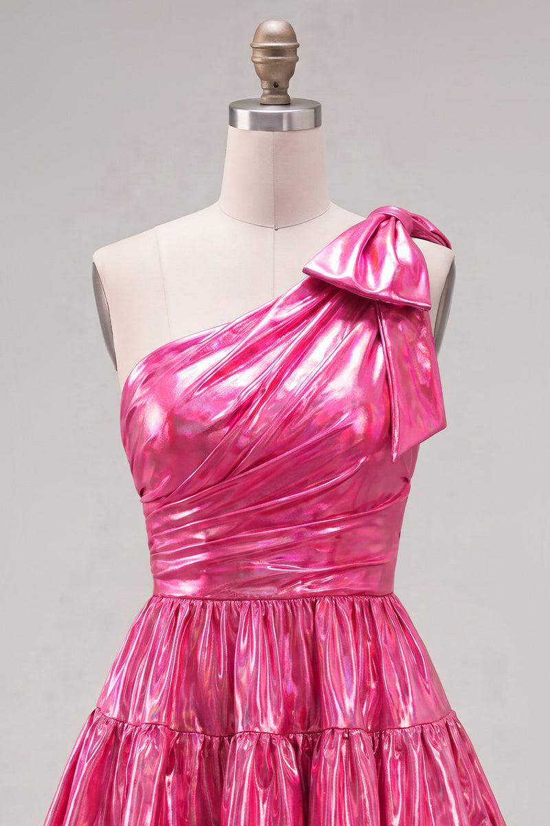 Laden Sie das Bild in den Galerie-Viewer, Ein Schulter-Fuchsia-A-Linien-Metallic-Runden-Homecoming-Kleid mit Schleife