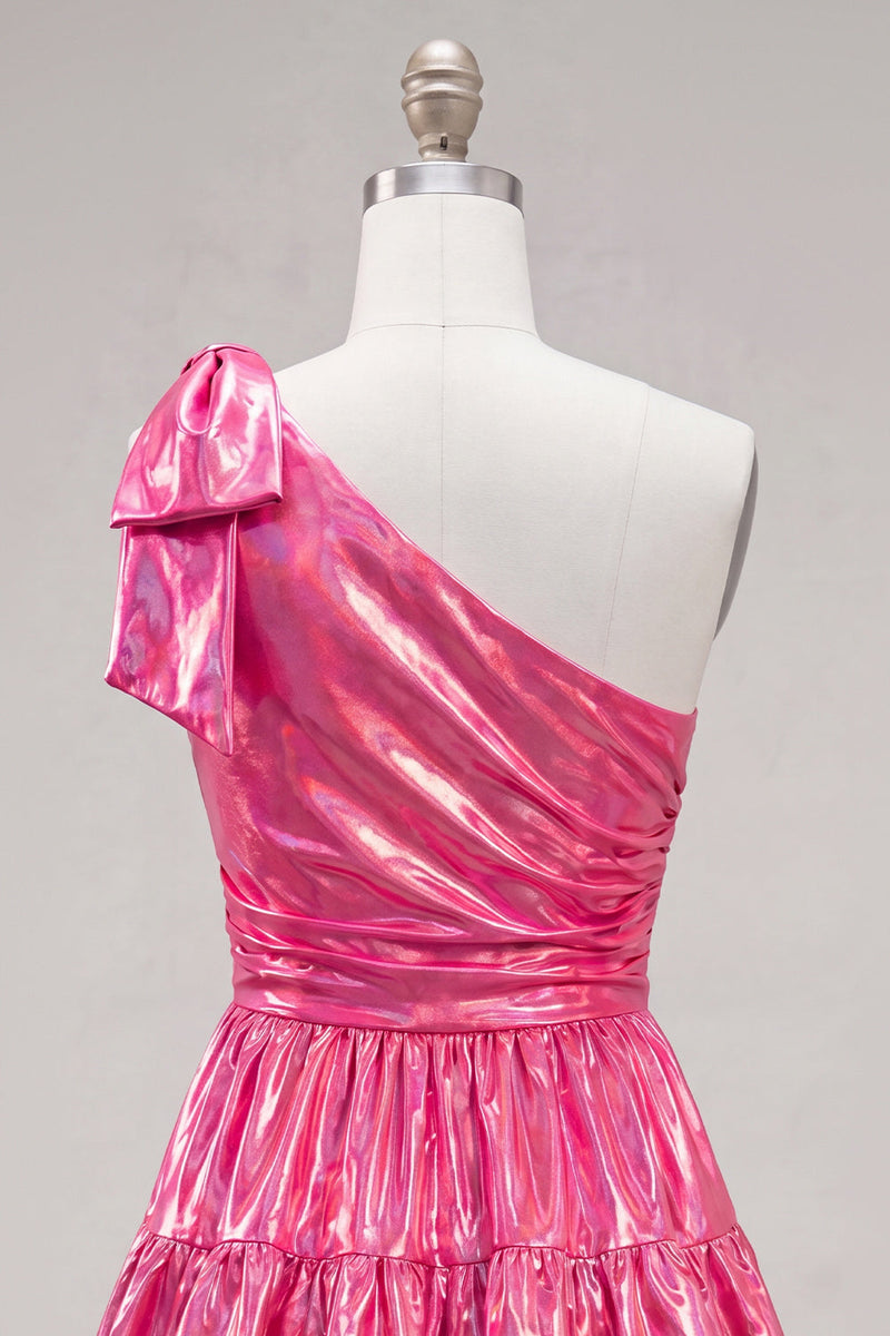 Laden Sie das Bild in den Galerie-Viewer, Ein Schulter-Fuchsia-A-Linien-Metallic-Runden-Homecoming-Kleid mit Schleife