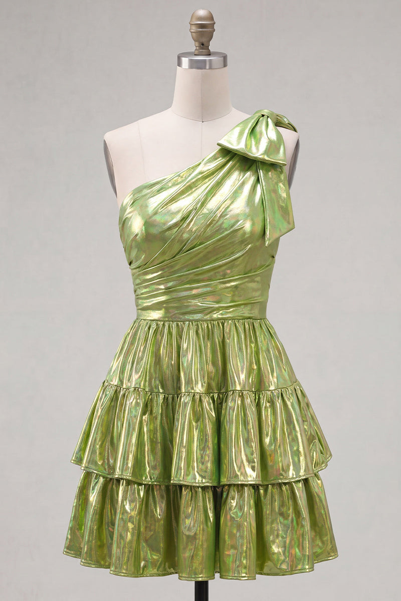 Laden Sie das Bild in den Galerie-Viewer, Ein Schulter-Fuchsia-A-Linien-Metallic-Runden-Homecoming-Kleid mit Schleife