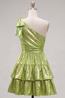 Laden Sie das Bild in den Galerie-Viewer, Ein Schulter-Fuchsia-A-Linien-Metallic-Runden-Homecoming-Kleid mit Schleife