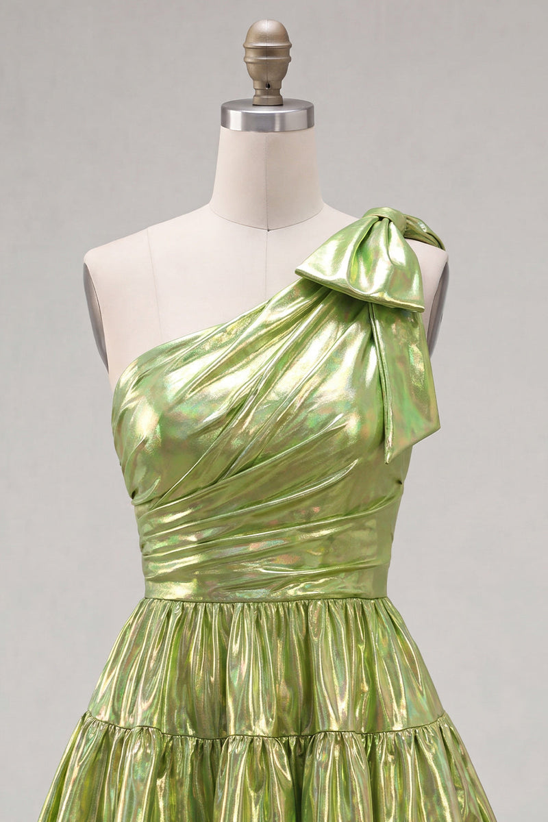 Laden Sie das Bild in den Galerie-Viewer, Ein Schulter-Fuchsia-A-Linien-Metallic-Runden-Homecoming-Kleid mit Schleife