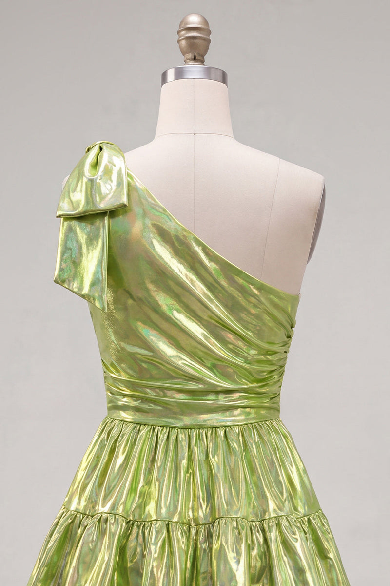 Laden Sie das Bild in den Galerie-Viewer, Ein Schulter-Fuchsia-A-Linien-Metallic-Runden-Homecoming-Kleid mit Schleife