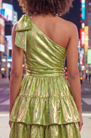 Laden Sie das Bild in den Galerie-Viewer, Ein Schulter-Fuchsia-A-Linien-Metallic-Runden-Homecoming-Kleid mit Schleife