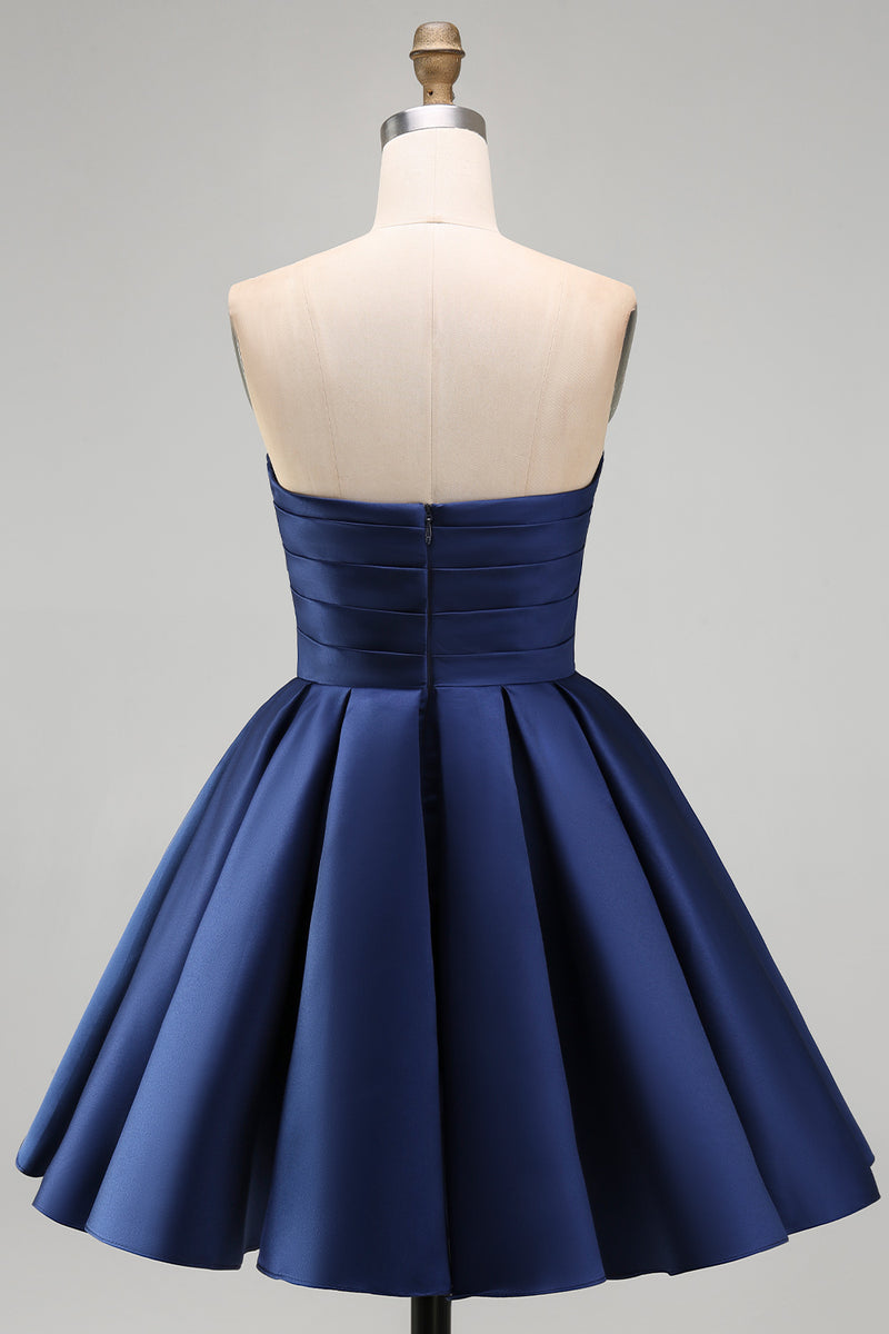 Laden Sie das Bild in den Galerie-Viewer, Mint A-Linie Trägerloses Satin Kurzes Abendkleid mit Falten