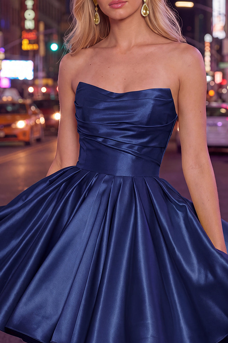 Laden Sie das Bild in den Galerie-Viewer, Mint A-Linie Trägerloses Satin Kurzes Abendkleid mit Falten