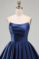Laden Sie das Bild in den Galerie-Viewer, Mint A-Linie Trägerloses Satin Kurzes Abendkleid mit Falten