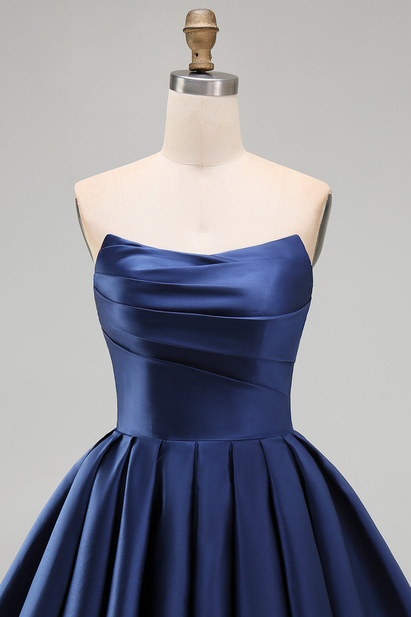 Laden Sie das Bild in den Galerie-Viewer, Mint A-Linie Trägerloses Satin Kurzes Abendkleid mit Falten