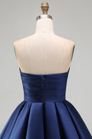 Laden Sie das Bild in den Galerie-Viewer, Mint A-Linie Trägerloses Satin Kurzes Abendkleid mit Falten