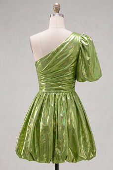 Grünes A-Linie Ein-Shoulder Metallic Kurzes Abendkleid mit Falten