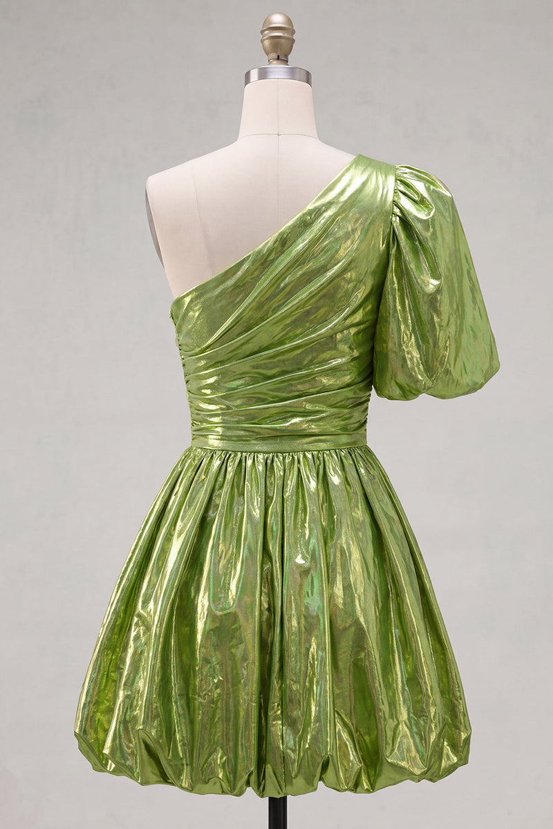 Laden Sie das Bild in den Galerie-Viewer, Grünes A-Linie-Single-Shoulder-Metallic Homecoming-Kleid mit Falten