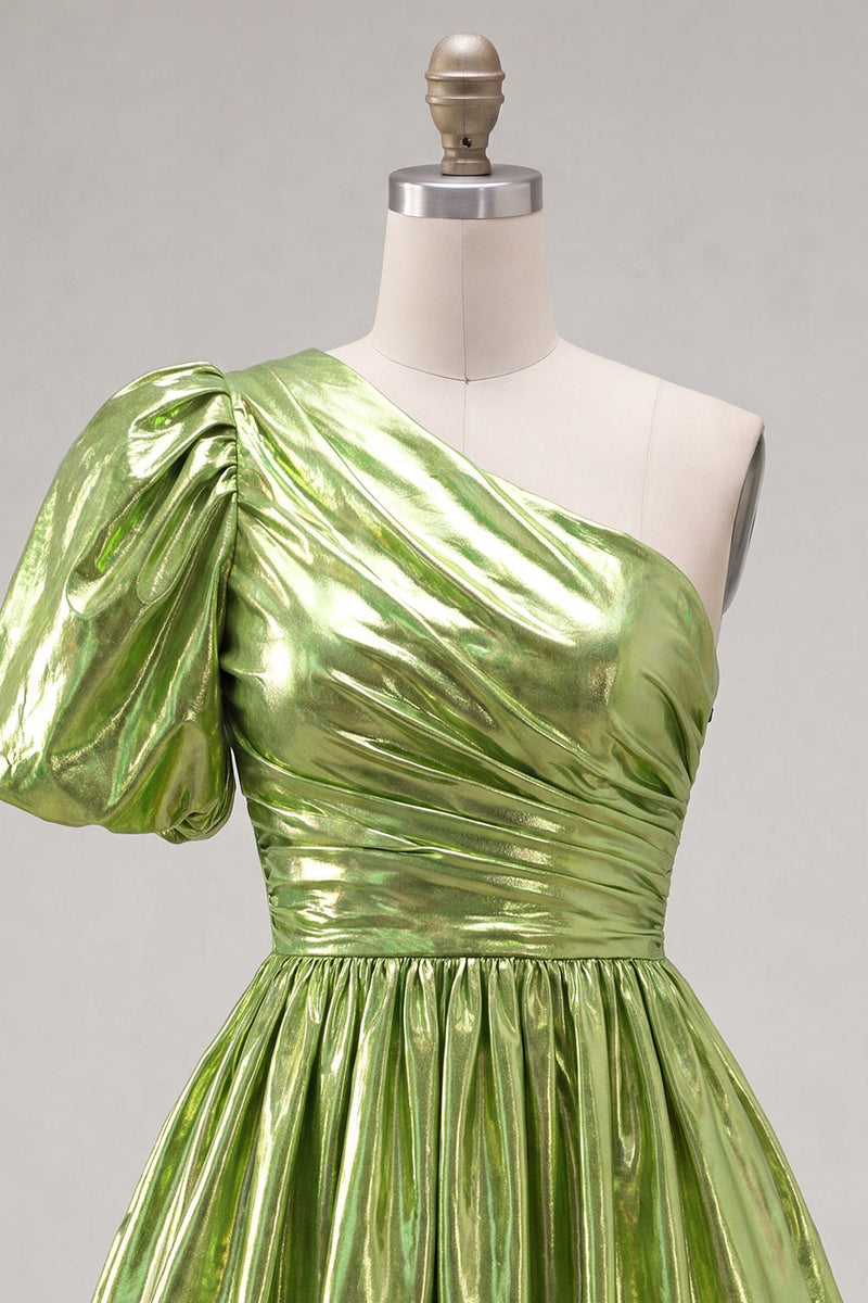 Laden Sie das Bild in den Galerie-Viewer, Grünes A-Linie-Single-Shoulder-Metallic Homecoming-Kleid mit Falten