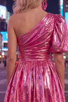Laden Sie das Bild in den Galerie-Viewer, Grünes A-Linie-Single-Shoulder-Metallic Homecoming-Kleid mit Falten