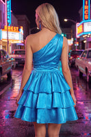 Laden Sie das Bild in den Galerie-Viewer, Rosa A-Linien ein-schulter-gestuftes, gerafftes Chiffon-Homecoming-Kleid mit Perlen