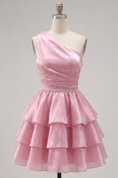 Laden Sie das Bild in den Galerie-Viewer, Rosa A-Linien ein-schulter-gestuftes, gerafftes Chiffon-Homecoming-Kleid mit Perlen