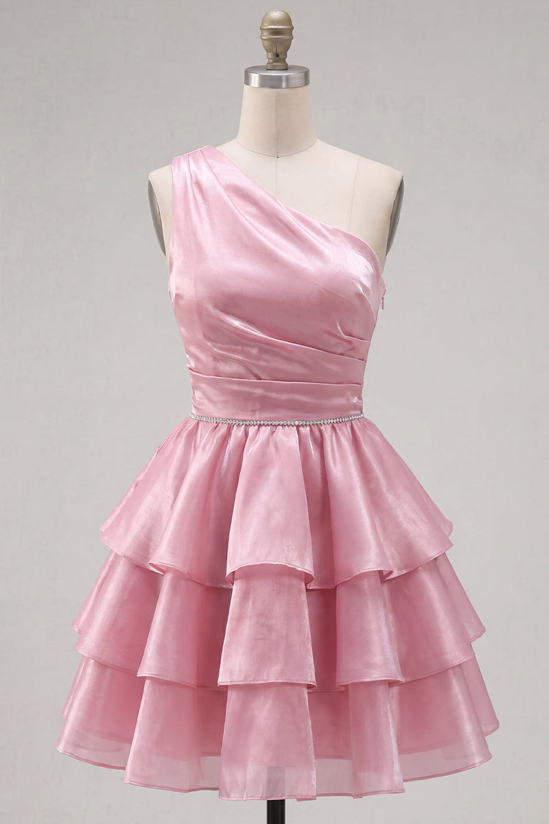 Laden Sie das Bild in den Galerie-Viewer, Rosa A-Linien ein-schulter-gestuftes, gerafftes Chiffon-Homecoming-Kleid mit Perlen
