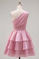 Laden Sie das Bild in den Galerie-Viewer, Rosa A-Linien ein-schulter-gestuftes, gerafftes Chiffon-Homecoming-Kleid mit Perlen