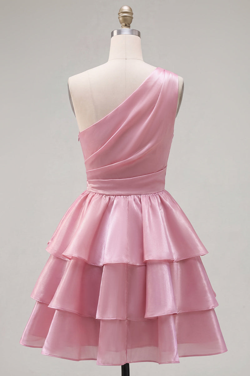 Laden Sie das Bild in den Galerie-Viewer, Rosa A-Linien ein-schulter-gestuftes, gerafftes Chiffon-Homecoming-Kleid mit Perlen