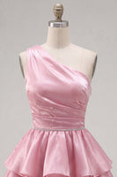 Laden Sie das Bild in den Galerie-Viewer, Rosa A-Linien ein-schulter-gestuftes, gerafftes Chiffon-Homecoming-Kleid mit Perlen