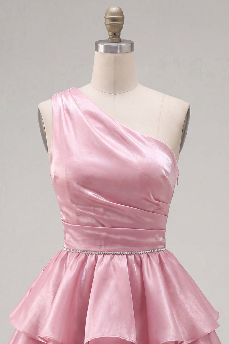 Laden Sie das Bild in den Galerie-Viewer, Rosa A-Linien ein-schulter-gestuftes, gerafftes Chiffon-Homecoming-Kleid mit Perlen