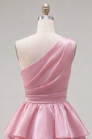 Laden Sie das Bild in den Galerie-Viewer, Rosa A-Linien ein-schulter-gestuftes, gerafftes Chiffon-Homecoming-Kleid mit Perlen