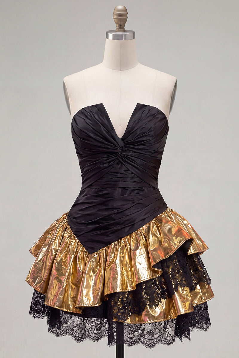 Laden Sie das Bild in den Galerie-Viewer, Schwarzes goldenes, gestuftes, trägerloses Rüschen-Kurz-Homecoming-Kleid mit Schnürung hinten