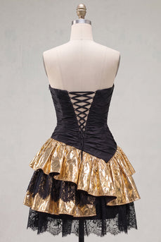Schwarzes Goldenes Gestuftes Trägerloses Rüschen Kurzes Abendkleid mit Schnürung