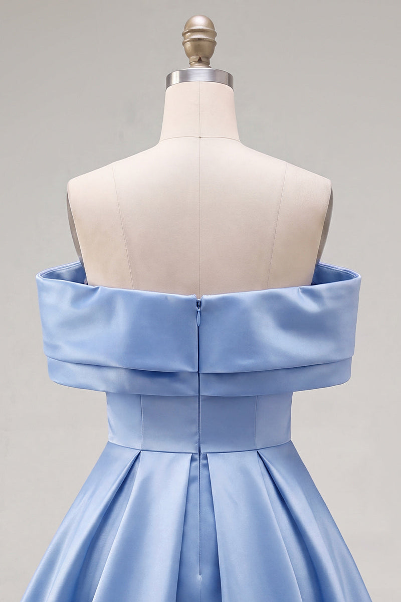 Laden Sie das Bild in den Galerie-Viewer, Blaues A-Linien-Off-shoulder gerafftes Satin-Homecoming-Kleid mit Perlenbesatz