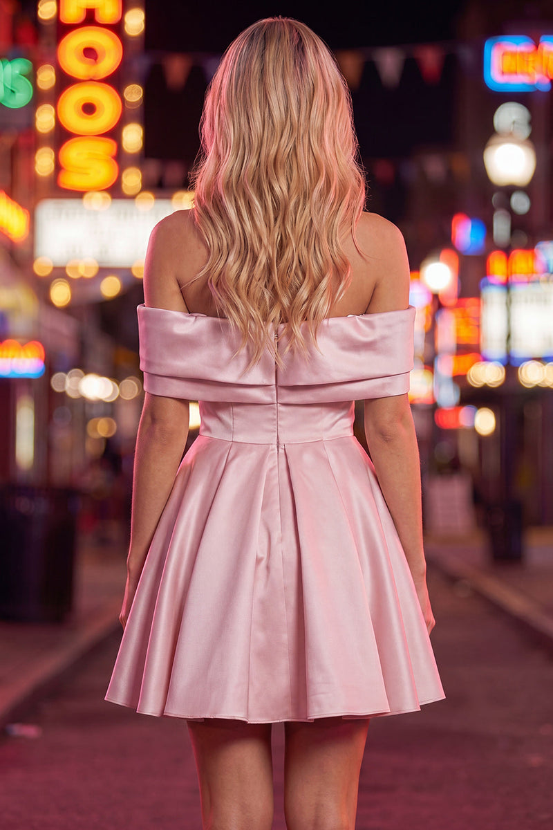 Laden Sie das Bild in den Galerie-Viewer, Blaues A-Linien-Off-shoulder gerafftes Satin-Homecoming-Kleid mit Perlenbesatz