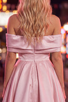 Laden Sie das Bild in den Galerie-Viewer, Blaues A-Linien-Off-shoulder gerafftes Satin-Homecoming-Kleid mit Perlenbesatz