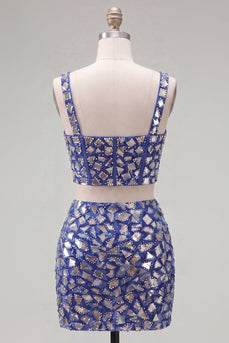 Dunkelblaues Bodycon Zweiteiliges Kurzes Abendkleid mit Strasssteinen